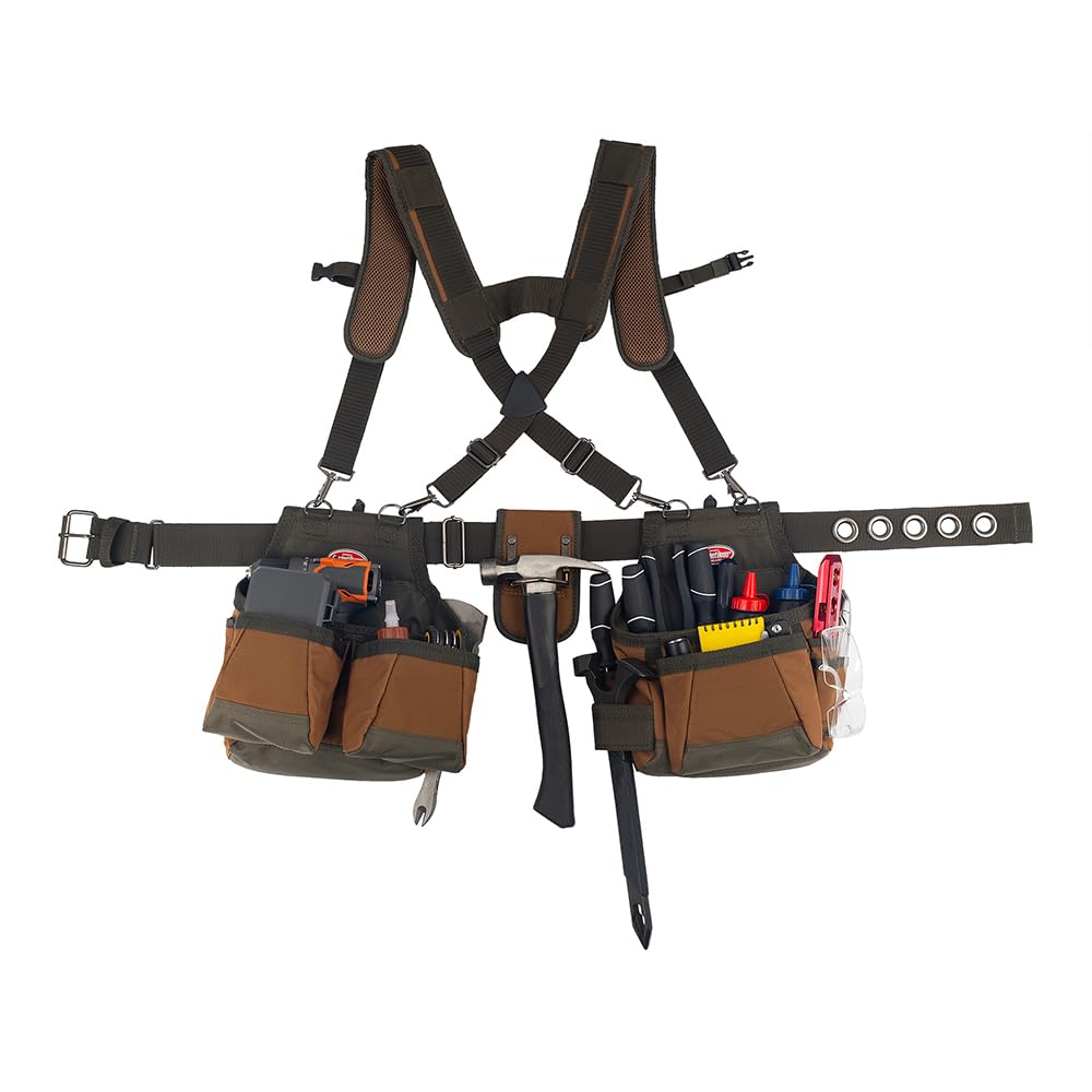 Tool Belt with Suspenders, 12 pockets, Brown, 52 Inch I95529