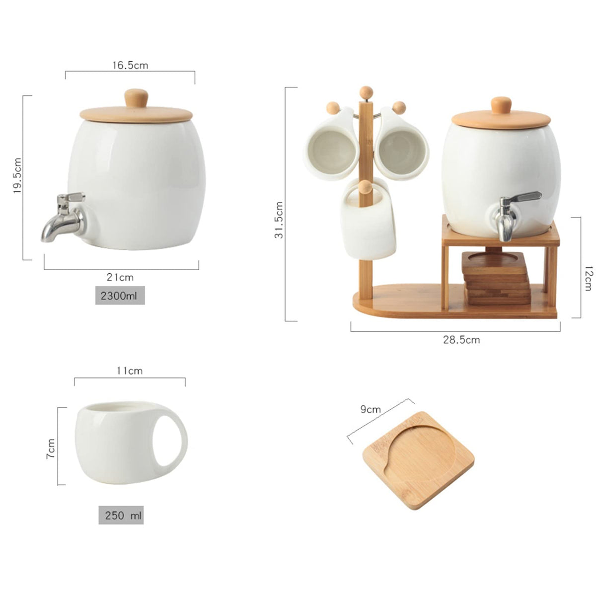 Porcelain Ceramic Crock Water Dispenser with 4 Mugs S582