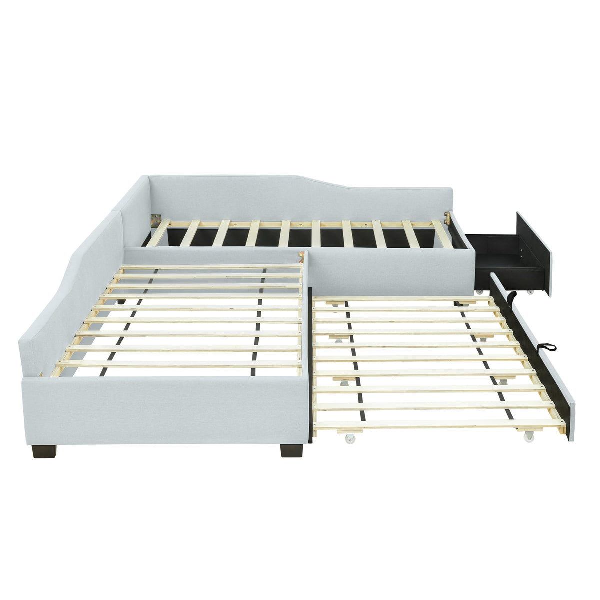 Double Twin Size L Shaped Upholstered Daybed with Trundle and Storage Drawer W2292