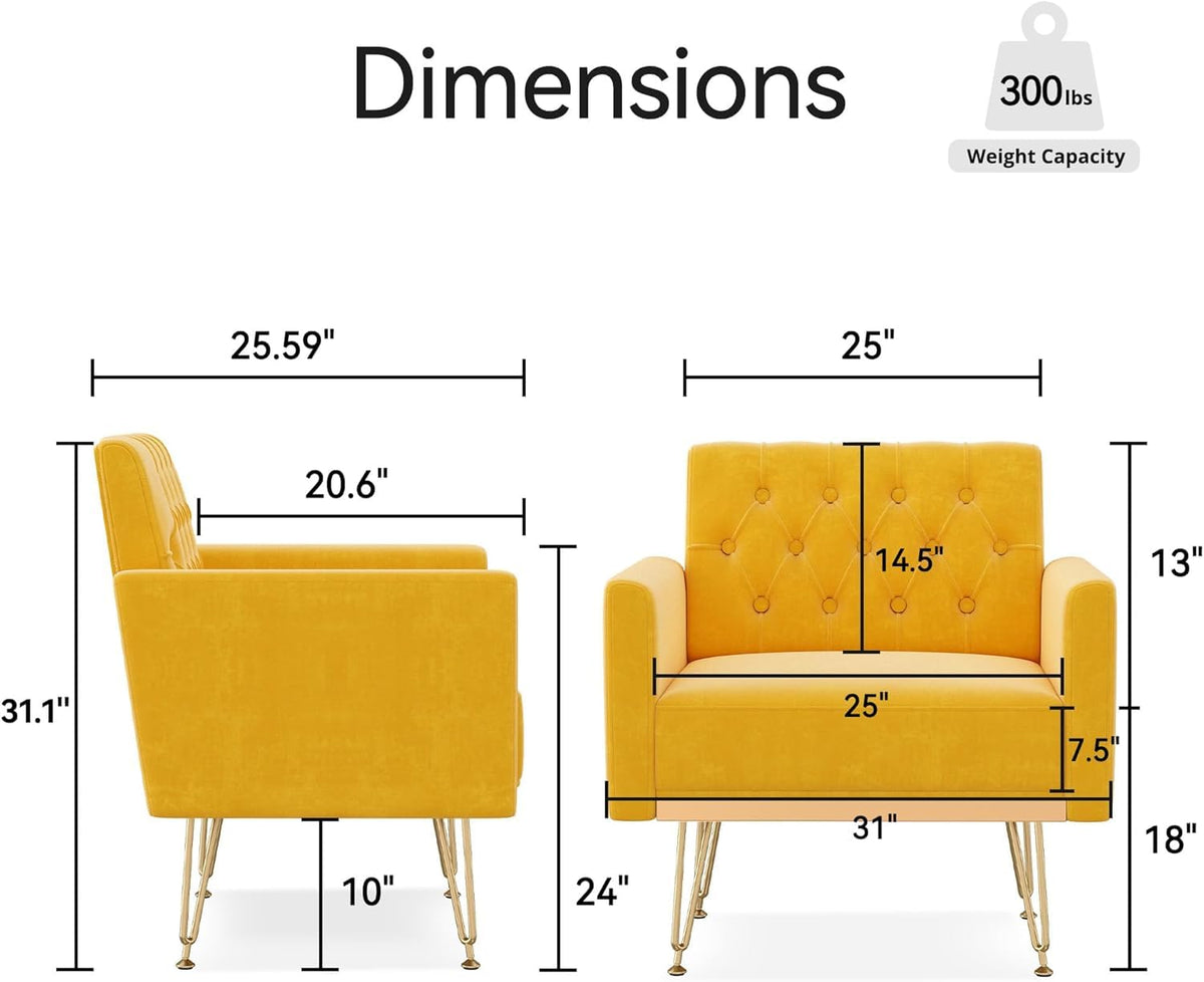 Orange-Yellow Velvet Single Sofa Chair with Gold Metal Legs P142