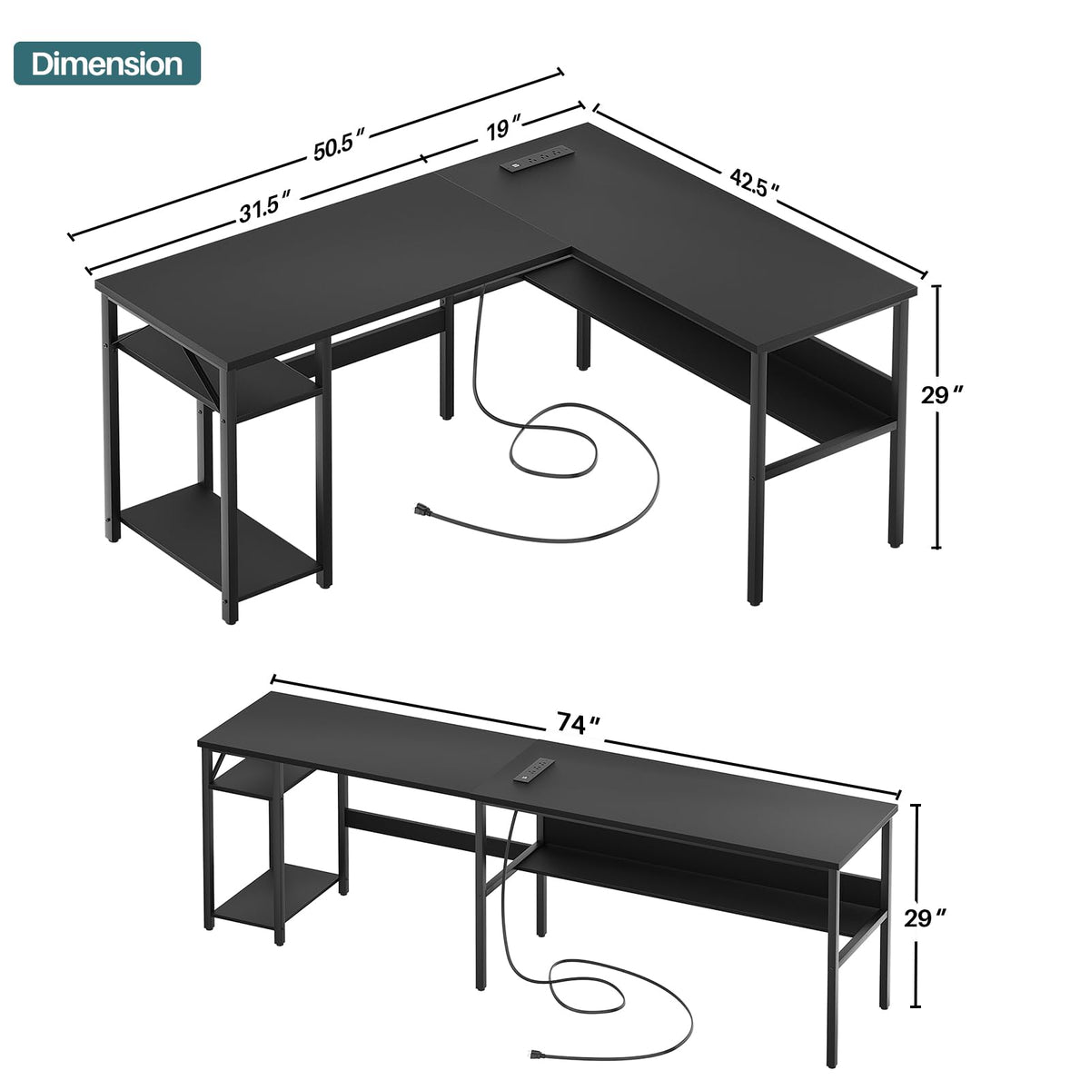 Black Reversible L Shaped Computer Desk with Power Outlets and Storage Shelves D295878