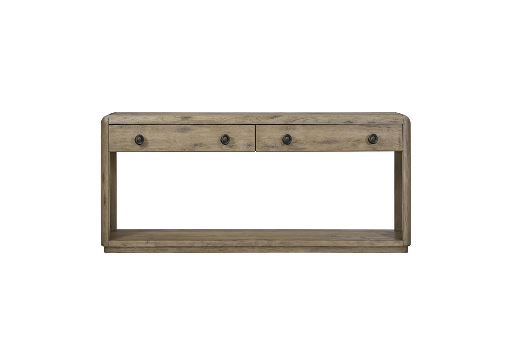English Knotty Oak Console Table, Solid Wood and Engineered Wood Veneer, Two Self-Closing Drawers, Open Lower Shelf, Rounded Edges, 72 x 16 x 32.25 Inchs, Oak Finish I46965