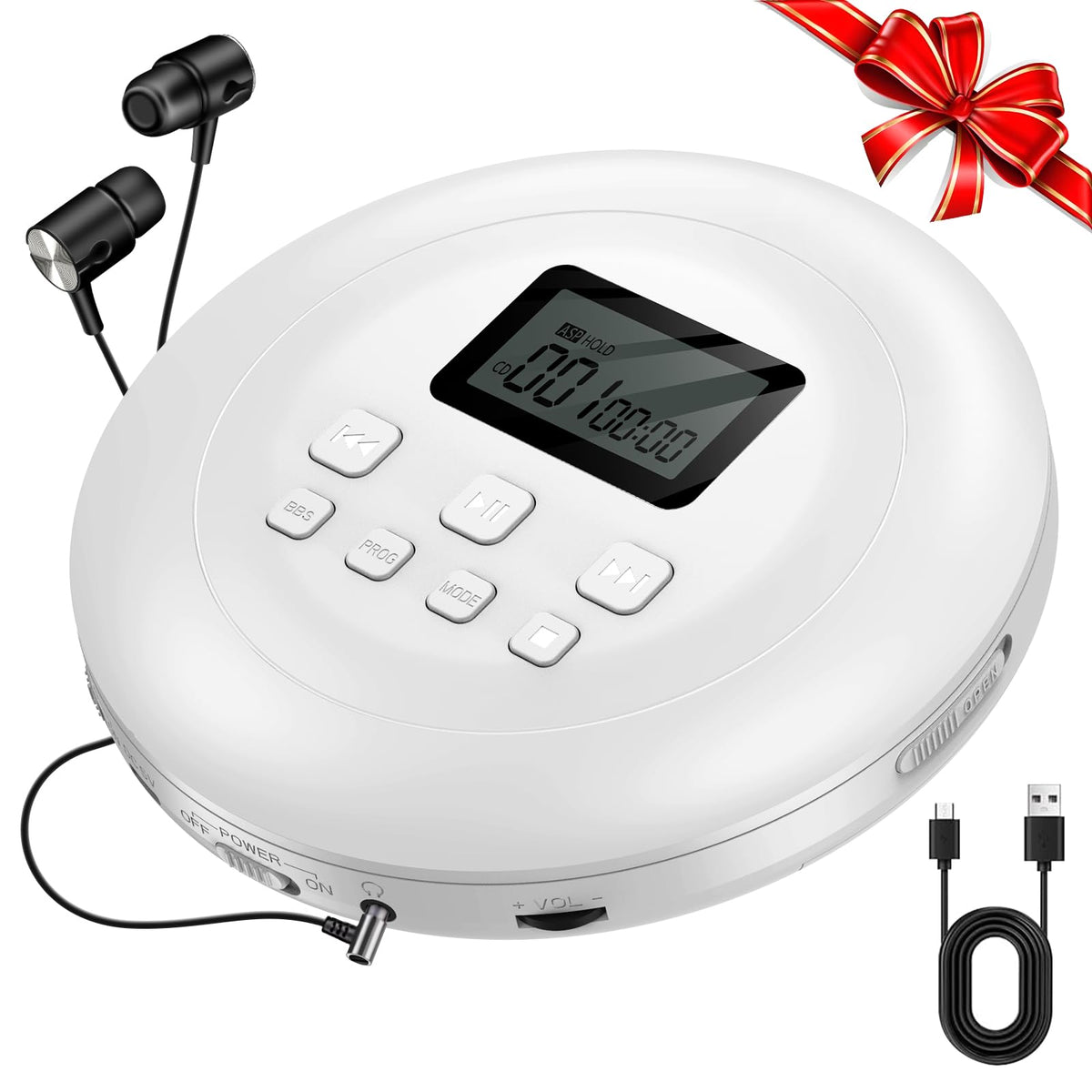 Portable CD Player with Headphones Jack USB AUX LCD Display White I9626
