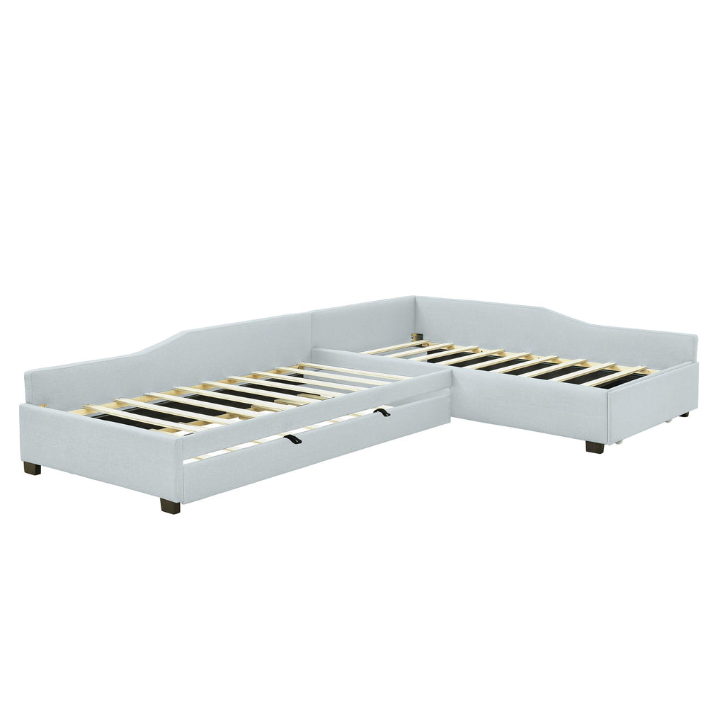 Double Twin Size L Shaped Upholstered Daybed with Trundle and Storage Drawer W2292