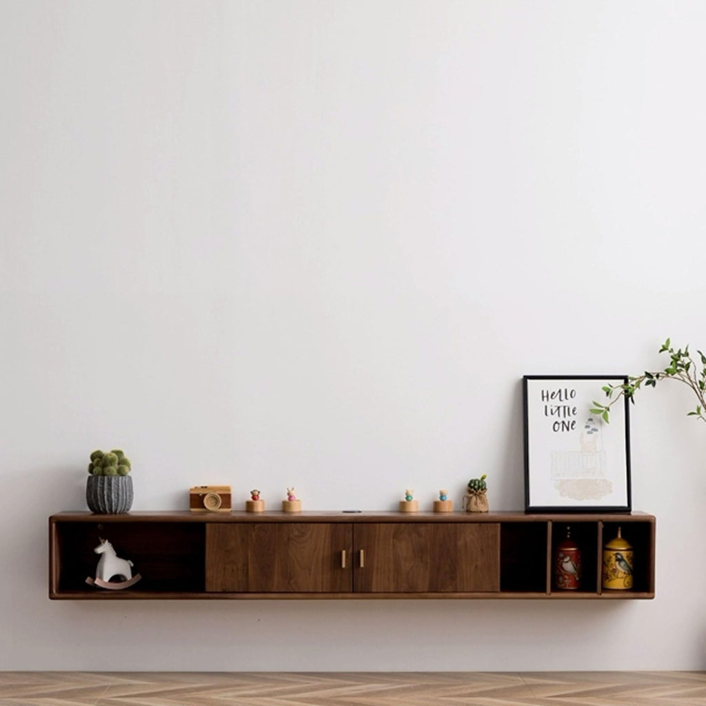 Walnut Wood Wall Mounted Floating TV Stand with Doors and Open Storage Shelves Q3984