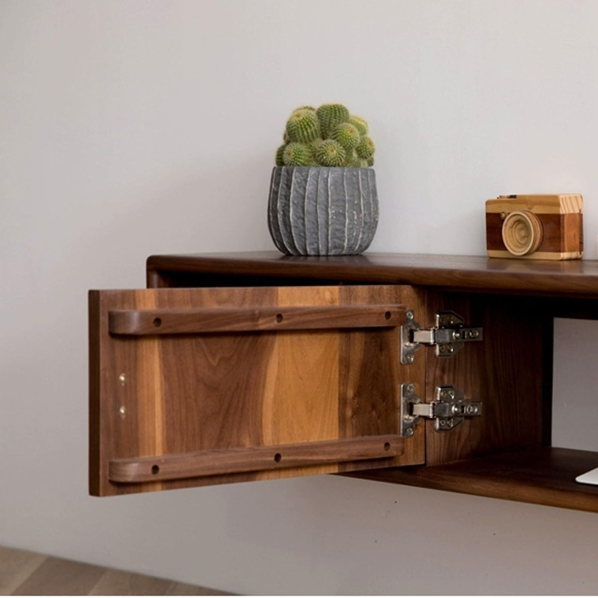 Walnut Wood Wall Mounted Floating TV Stand with Doors and Open Storage Shelves Q3984