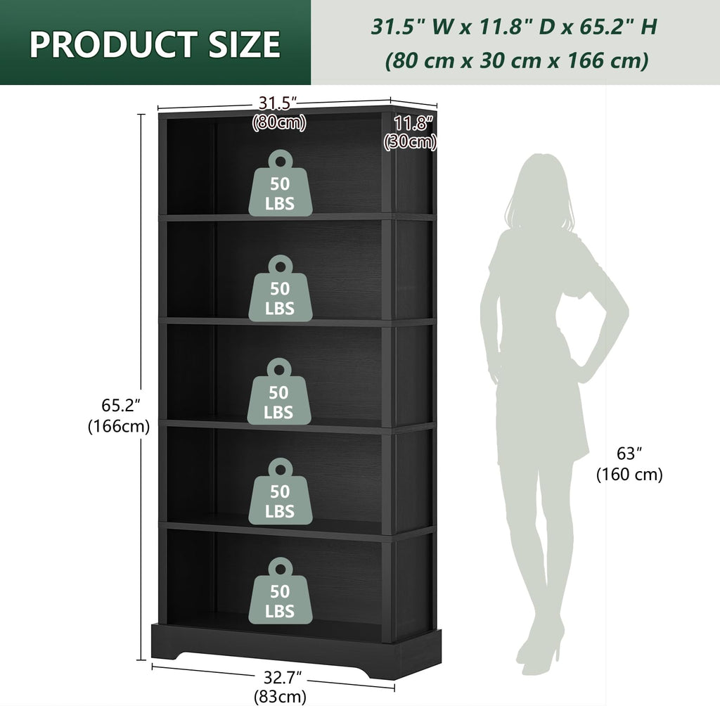 5 Tiers Wooden Bookshelf, 65.2" Tall 31.5" Wide Black H763347