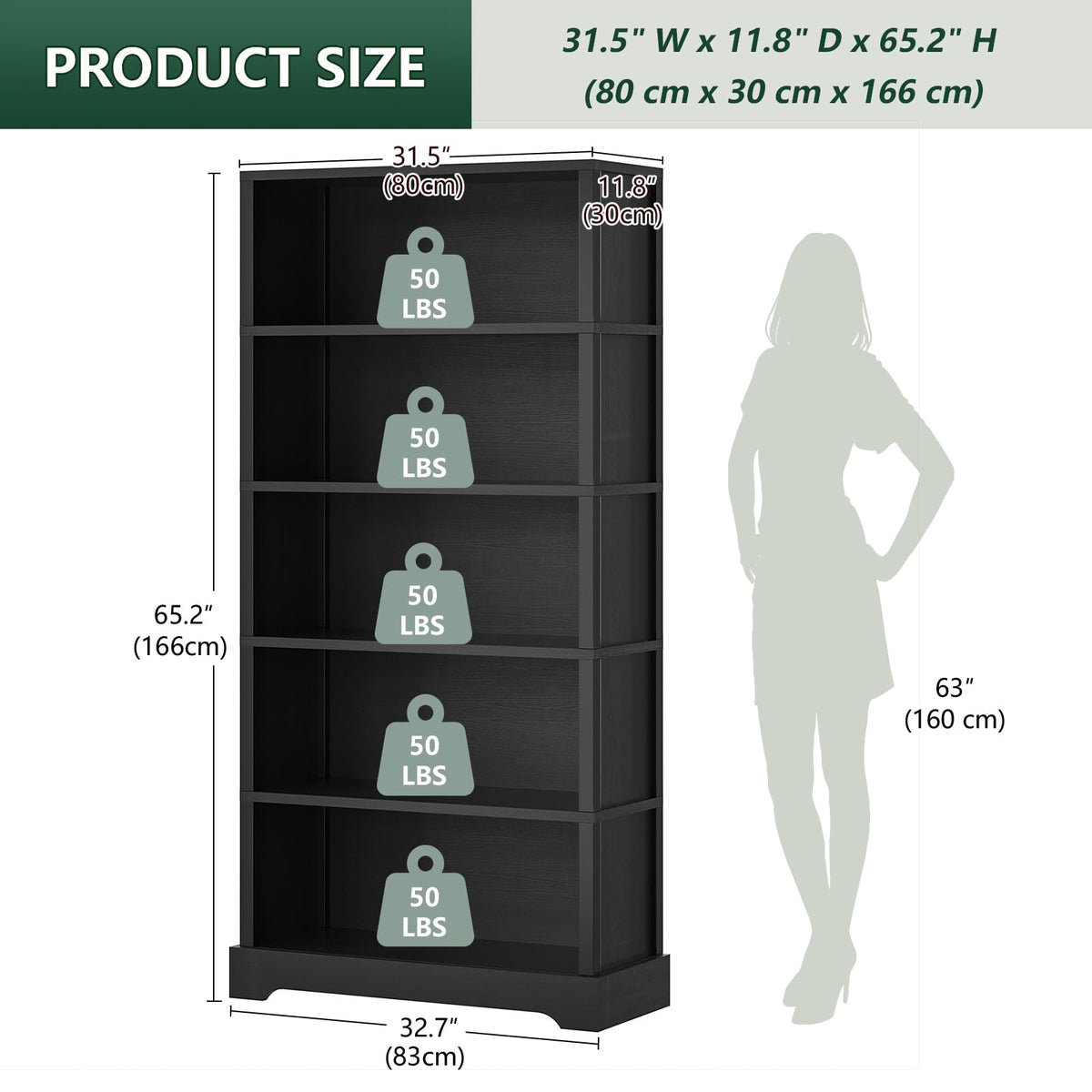 5 Tiers Wooden Bookshelf, 65.2" Tall 31.5" Wide Black H763347