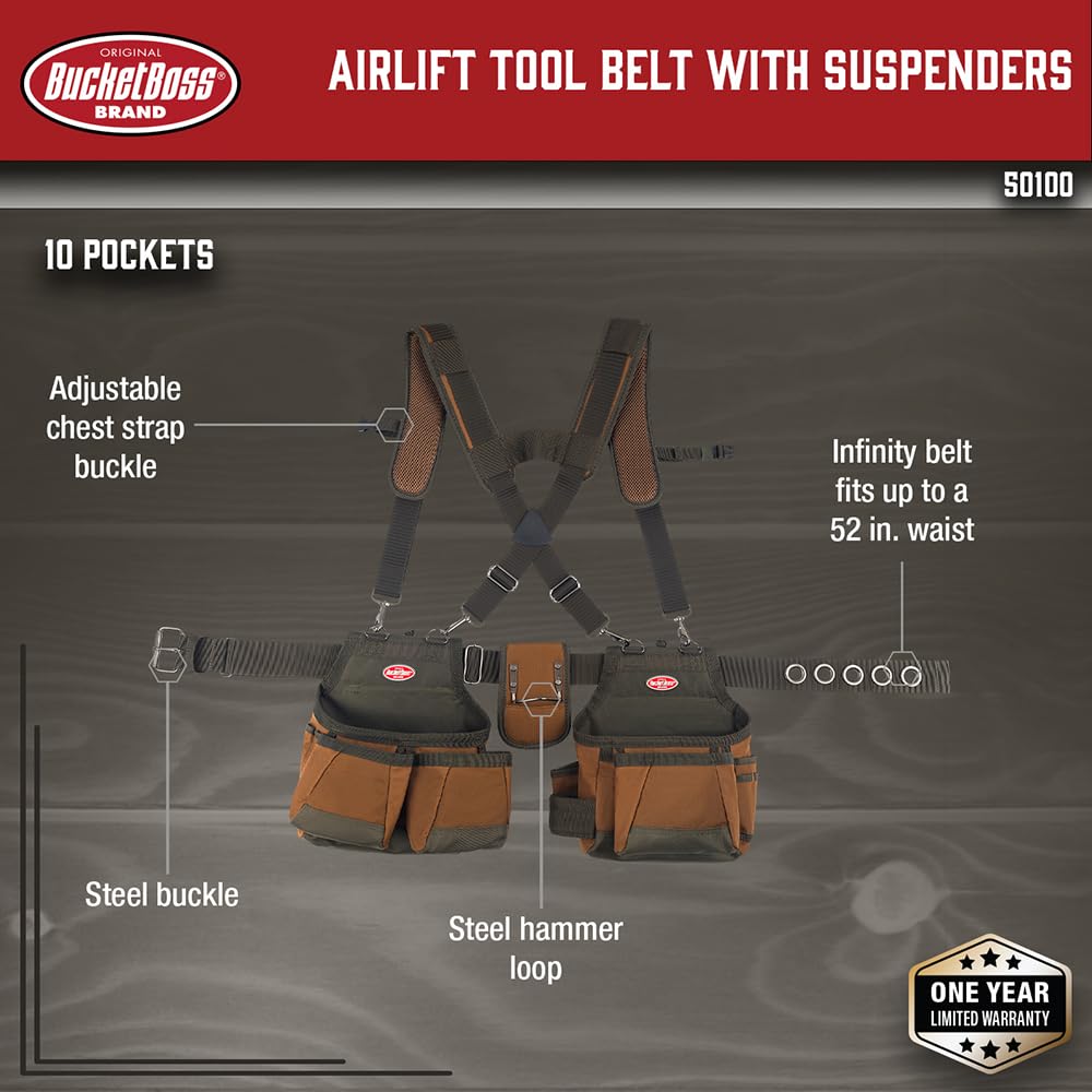 Tool Belt with Suspenders, 12 pockets, Brown, 52 Inch I95529