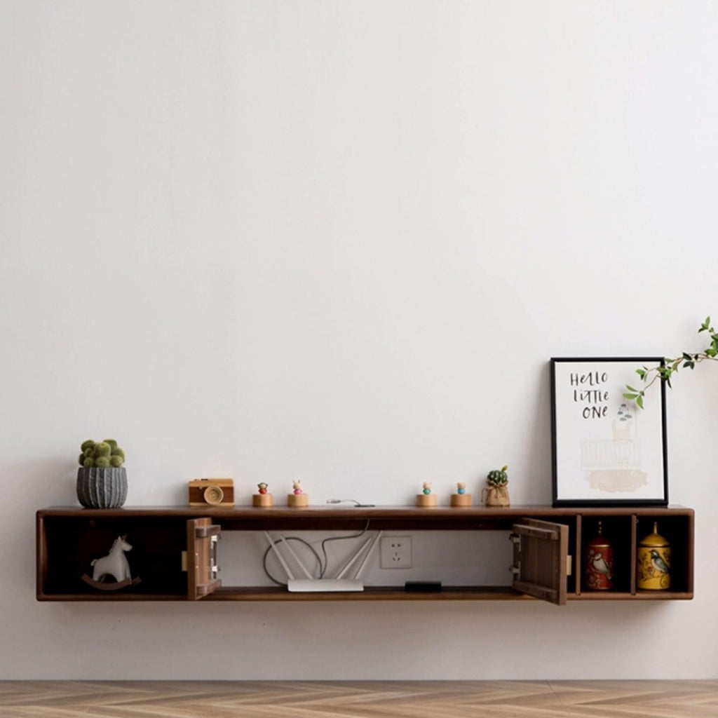 Walnut Wood Wall Mounted Floating TV Stand with Doors and Open Storage Shelves Q3984