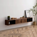 Walnut Wood Wall Mounted Floating TV Stand with Doors and Open Storage Shelves Q3984