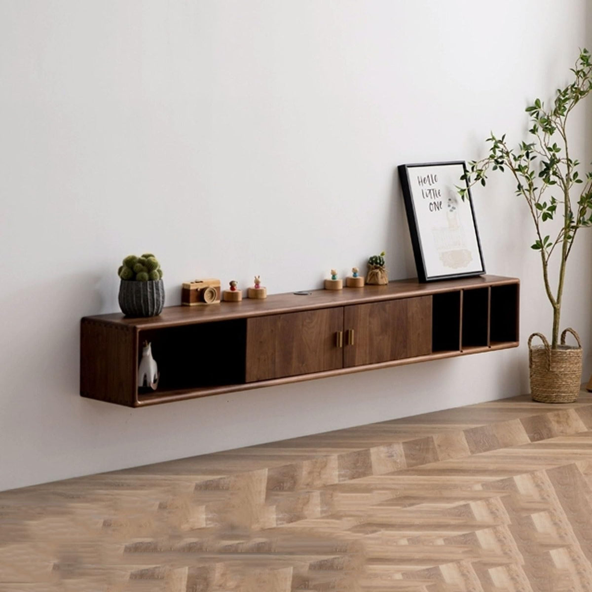 Walnut Wood Wall Mounted Floating TV Stand with Doors and Open Storage Shelves Q3984
