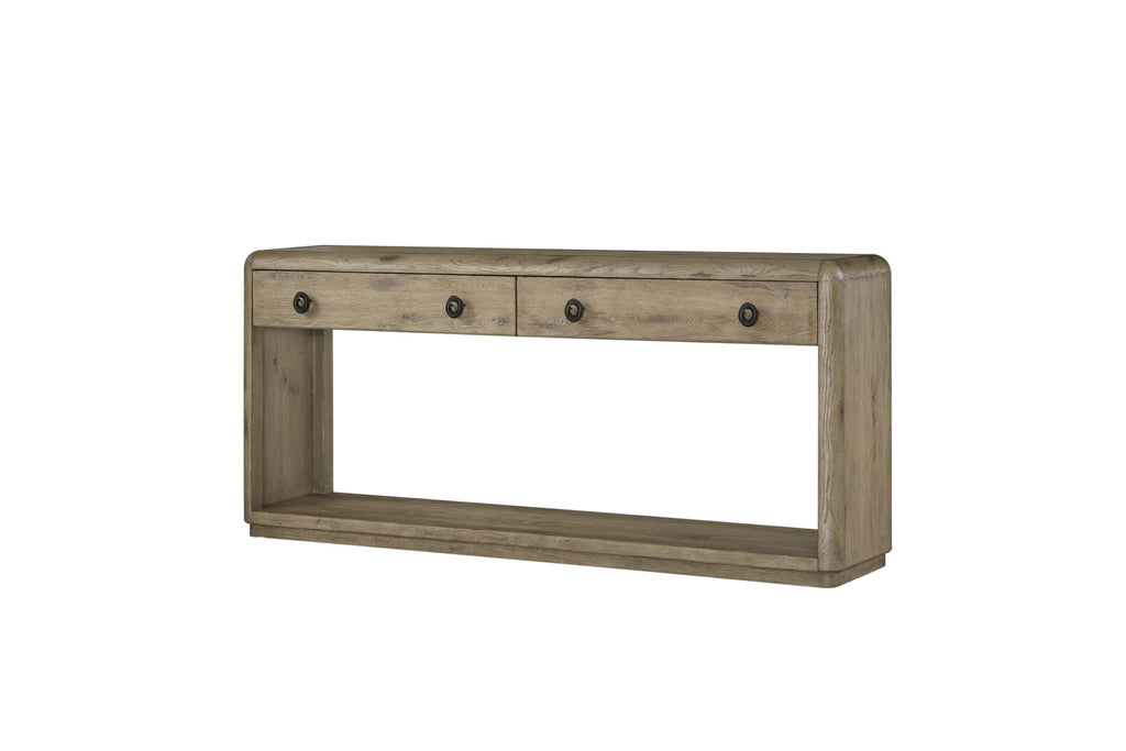 English Knotty Oak Console Table, Solid Wood and Engineered Wood Veneer, Two Self-Closing Drawers, Open Lower Shelf, Rounded Edges, 72 x 16 x 32.25 Inchs, Oak Finish I46965