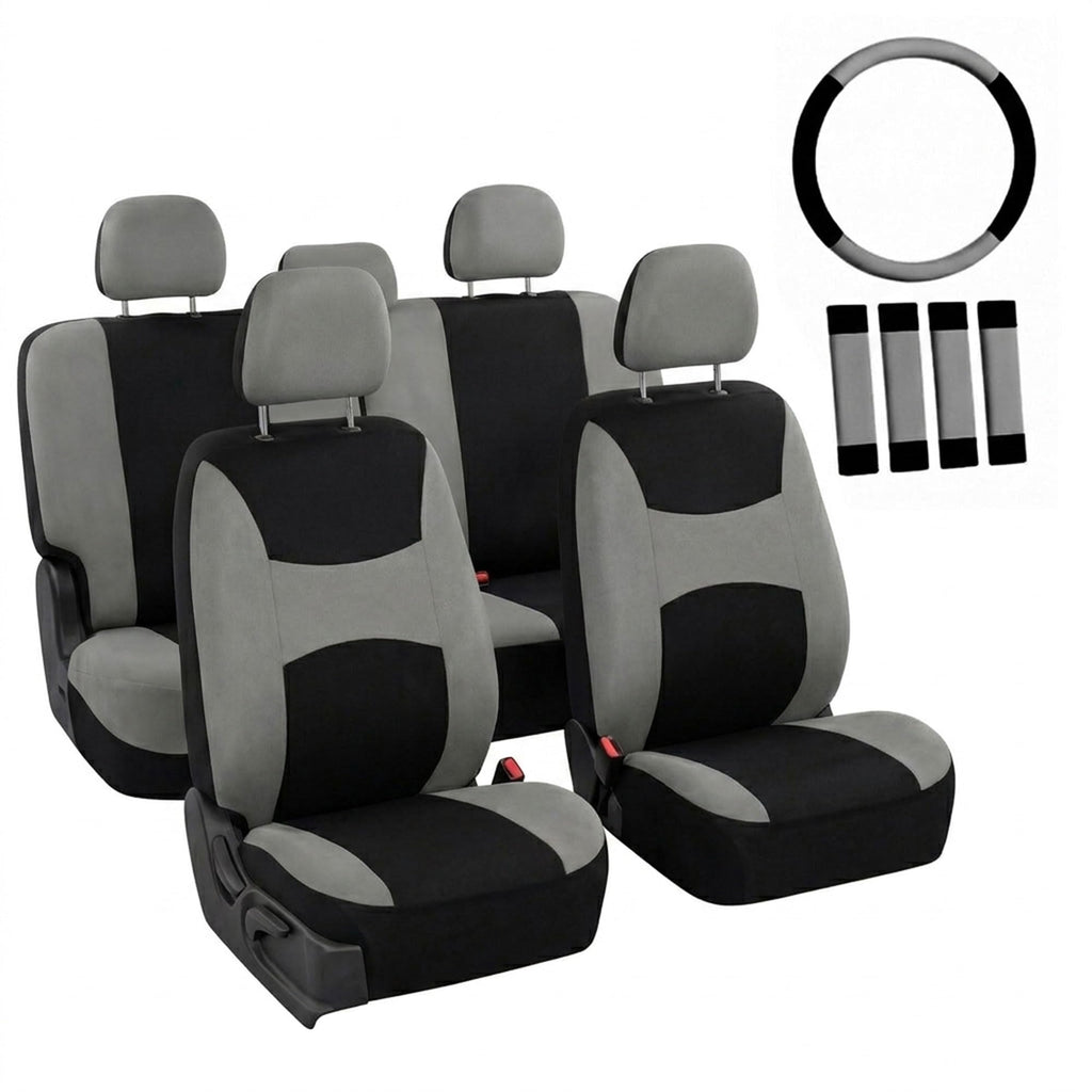 Gray Black Universal Fit Automotive Seat Covers Combo Set with Steering Wheel Cover and Seat Belt Pad Y427129