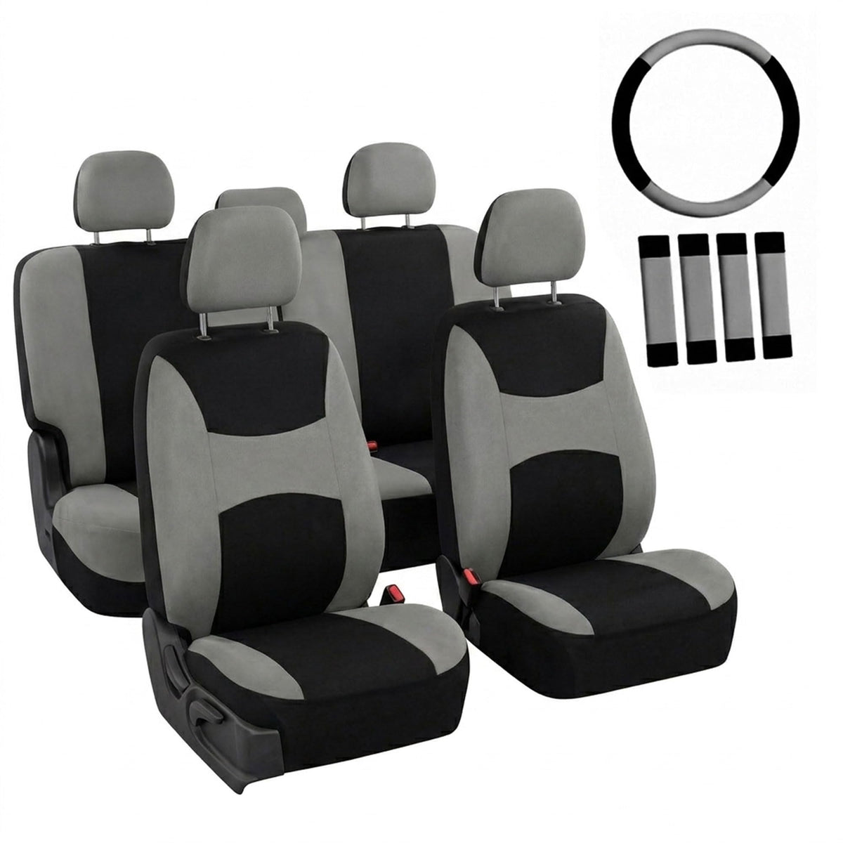 Gray Black Universal Fit Automotive Seat Covers Combo Set with Steering Wheel Cover and Seat Belt Pad Y427129