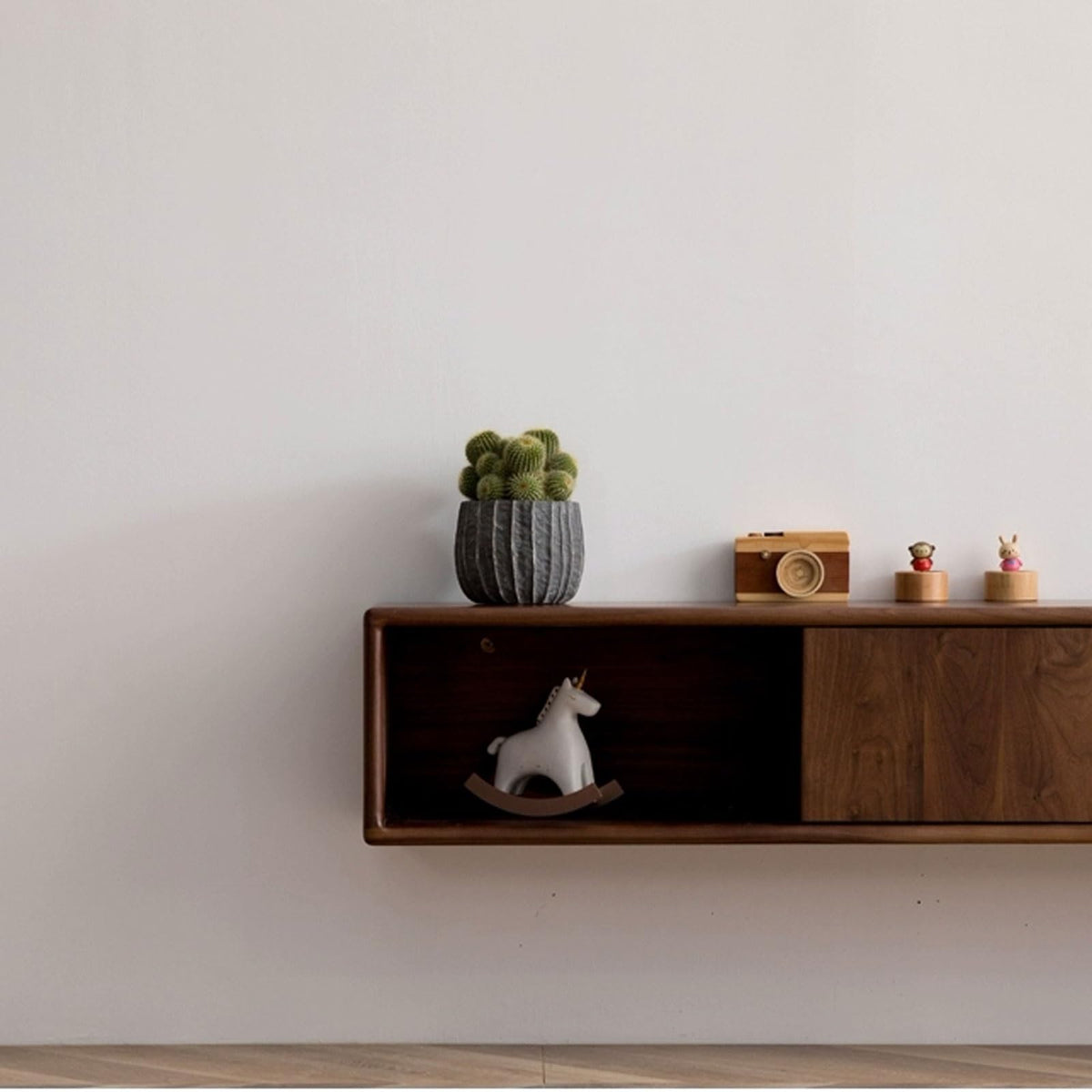 Walnut Wood Wall Mounted Floating TV Stand with Doors and Open Storage Shelves Q3984