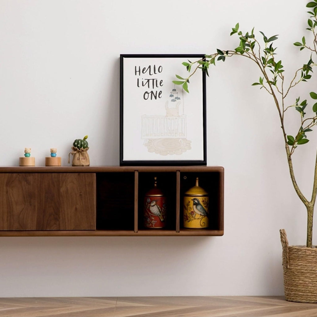 Walnut Wood Wall Mounted Floating TV Stand with Doors and Open Storage Shelves Q3984