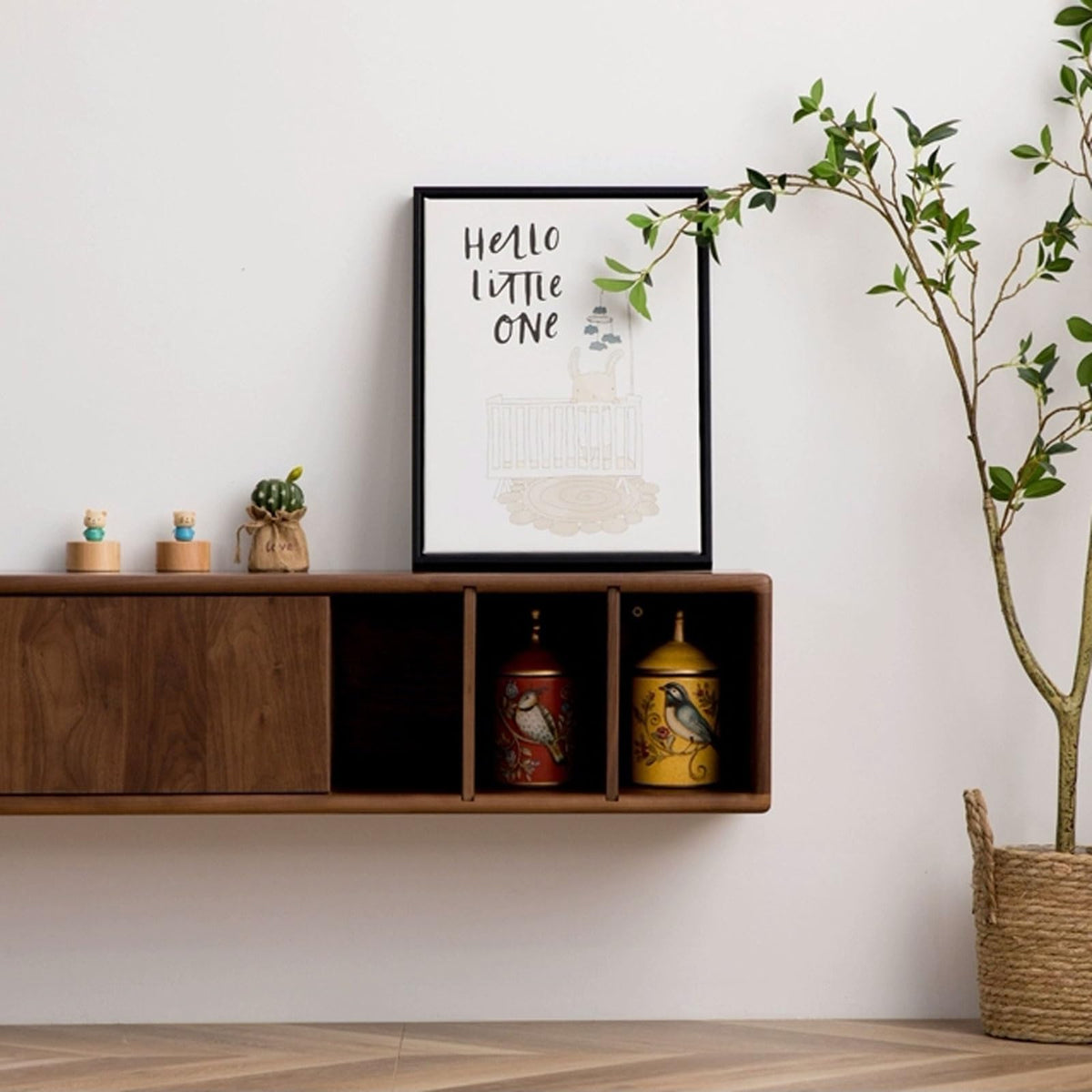 Walnut Wood Wall Mounted Floating TV Stand with Doors and Open Storage Shelves Q3984
