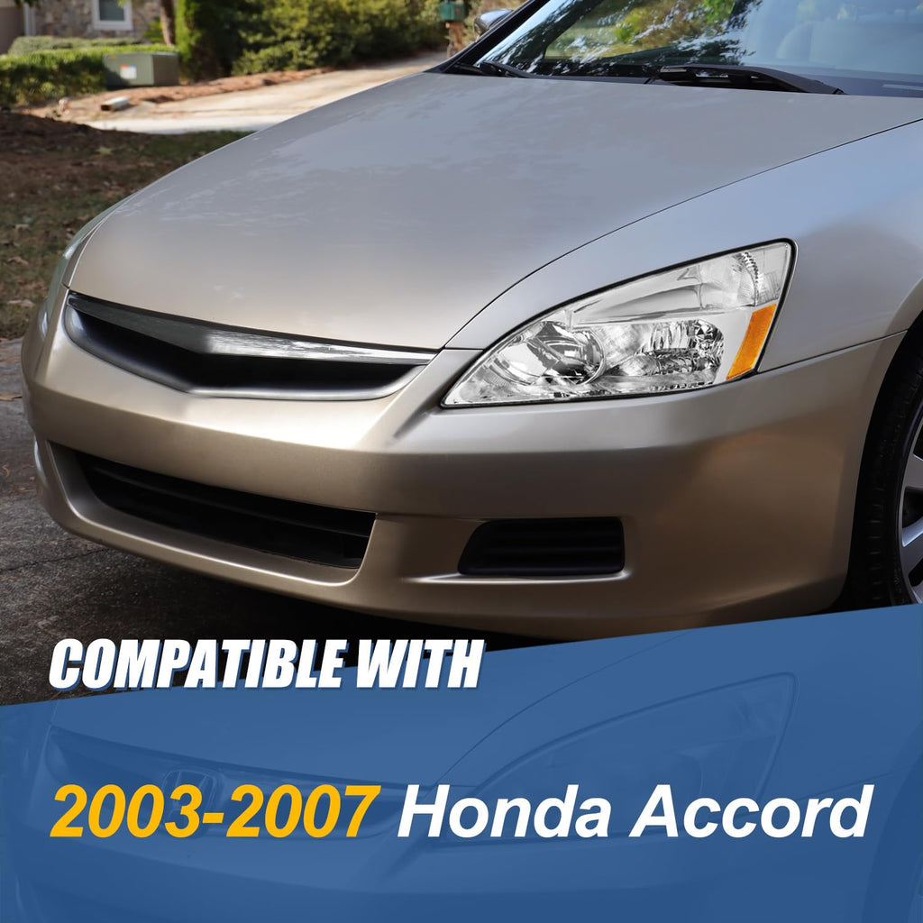 Headlights Assembly Compatible with 2003-2007 Honda Accord, Driver and Passenger Side Halogen Headlamps, Chrome Housing Amber Corner J51805