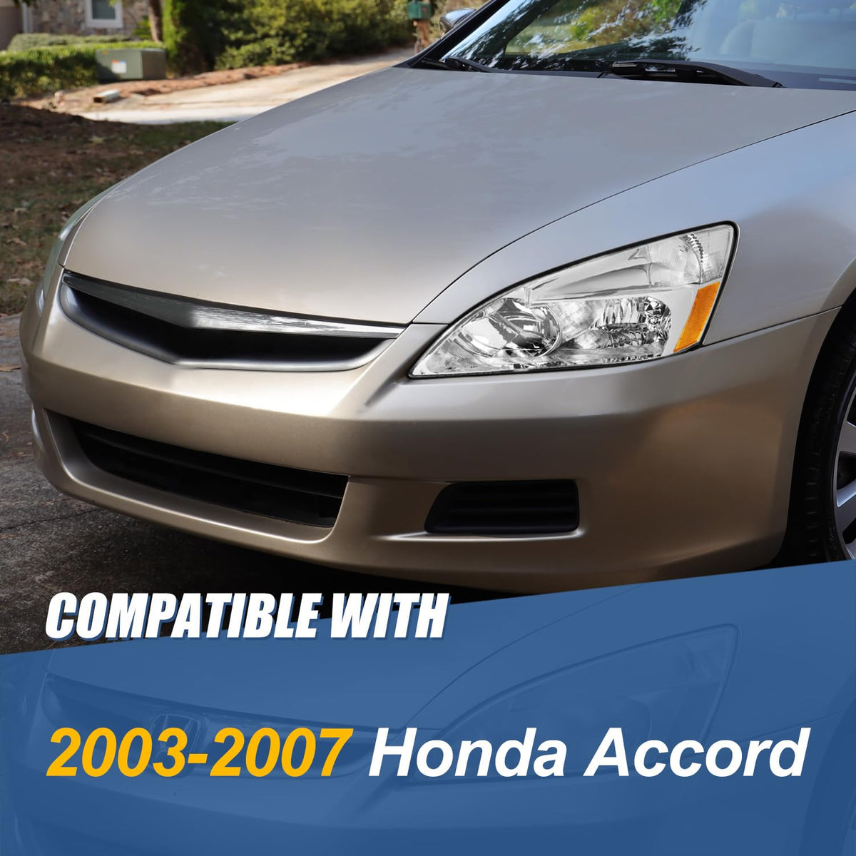 Headlights Assembly Compatible with 2003-2007 Honda Accord, Driver and Passenger Side Halogen Headlamps, Chrome Housing Amber Corner J51805