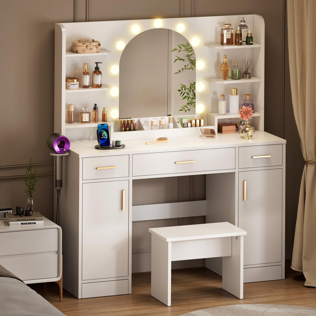 White Vanity Desk with Mirror and Lights U6236