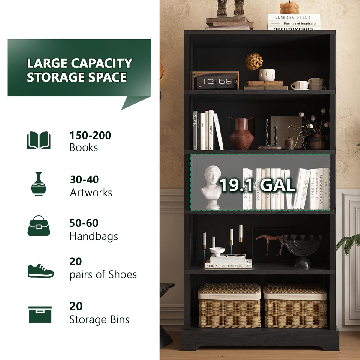 5 Tiers Wooden Bookshelf, 65.2" Tall 31.5" Wide Black H763347