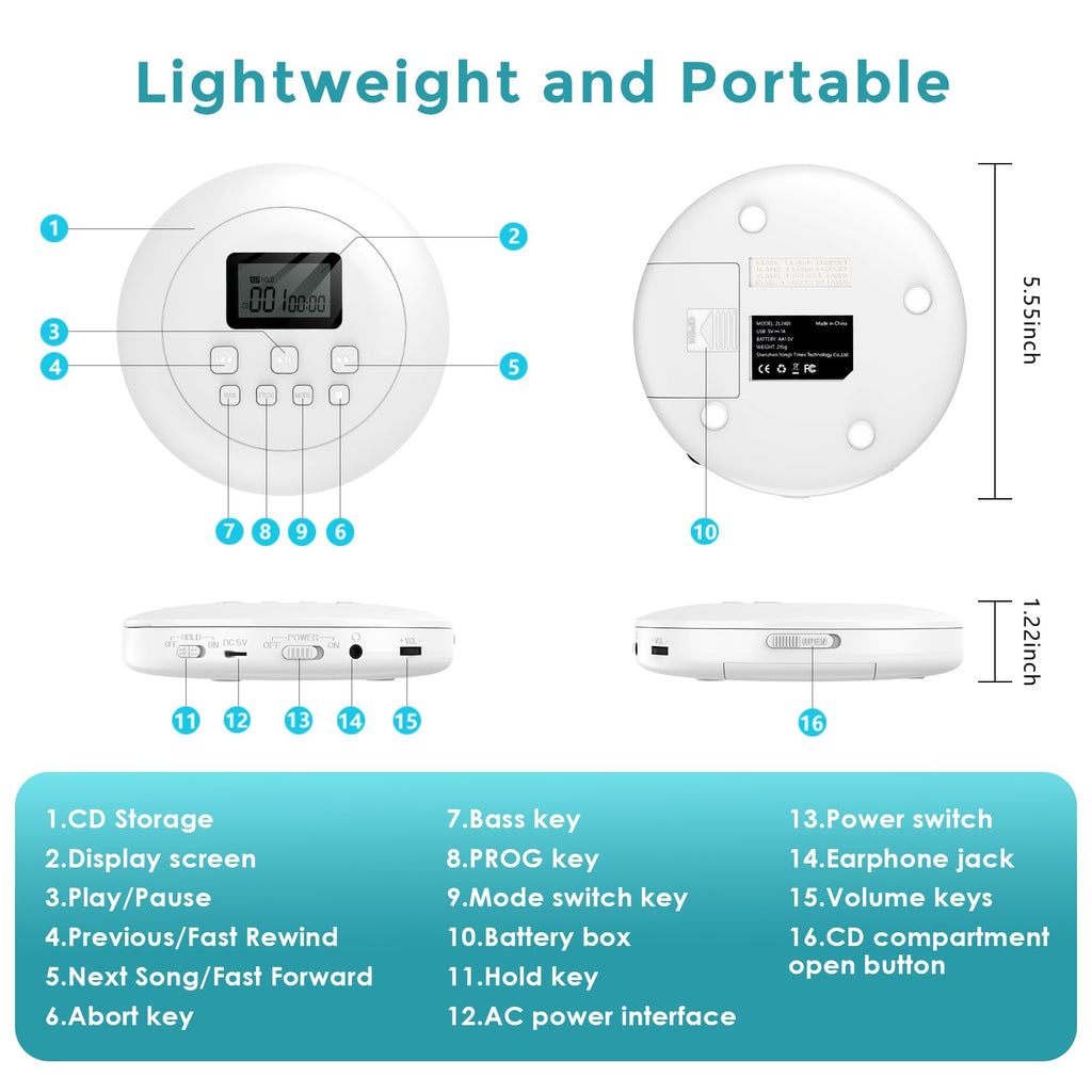 Portable CD Player with Headphones Jack USB AUX LCD Display White I9626