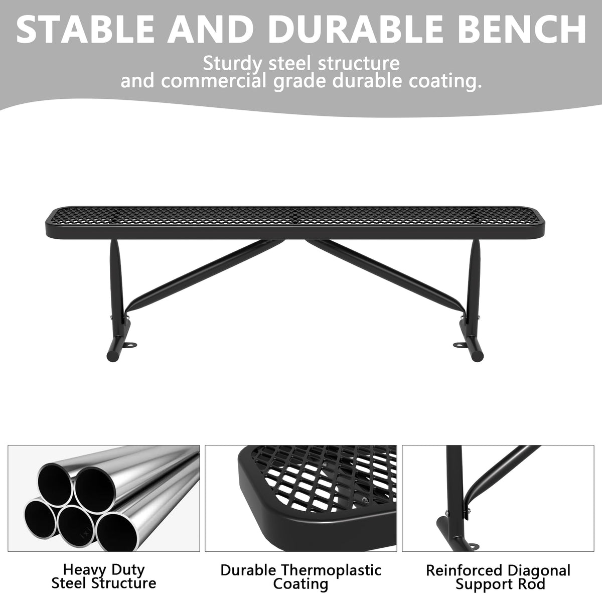 6 Feet Heavy Duty Metal Park Bench with Portable Frame, Black R1031