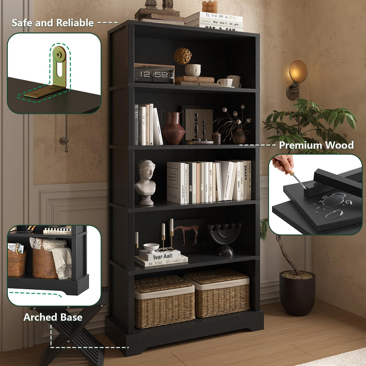5 Tiers Wooden Bookshelf, 65.2" Tall 31.5" Wide Black H763347