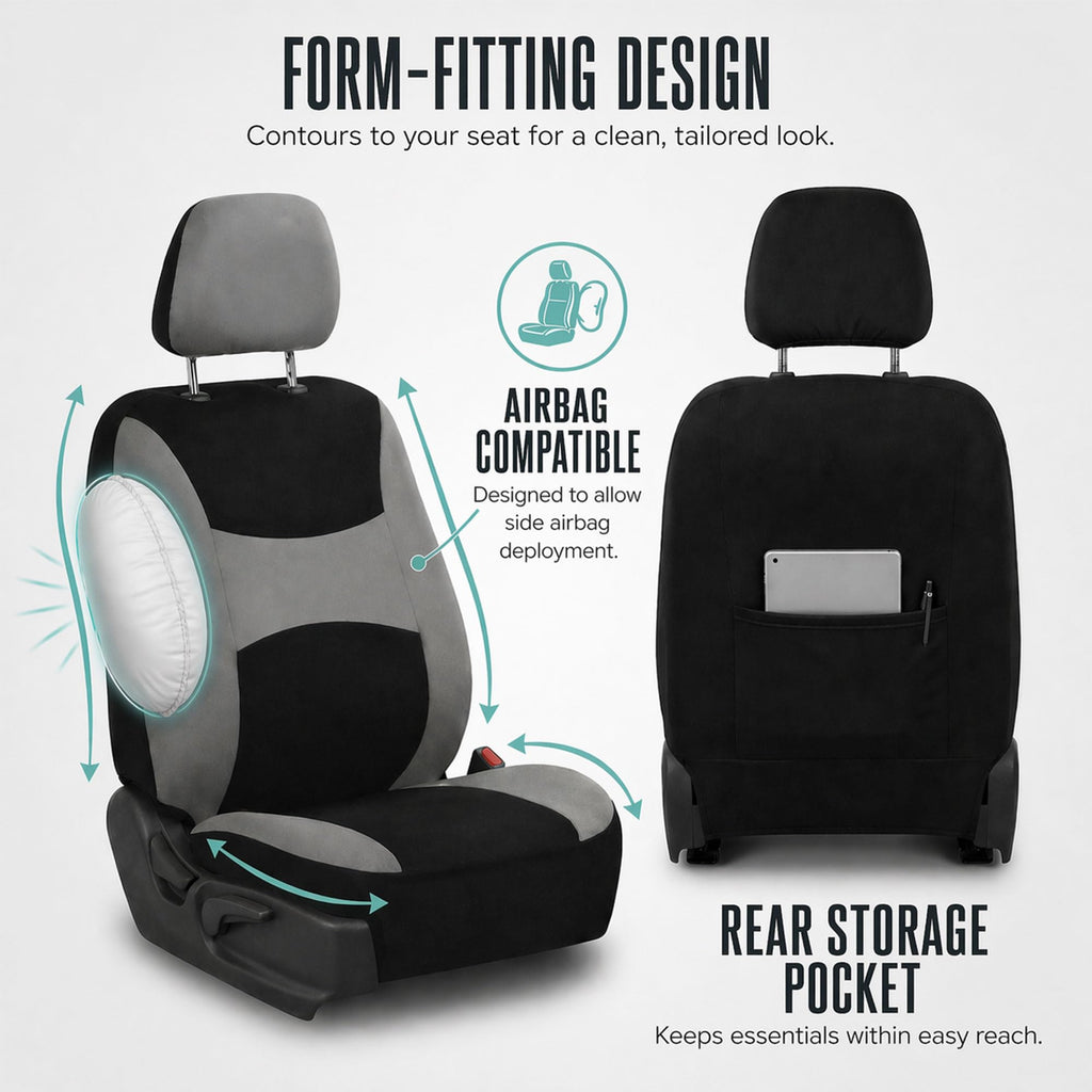Gray Black Universal Fit Automotive Seat Covers Combo Set with Steering Wheel Cover and Seat Belt Pad Y427129
