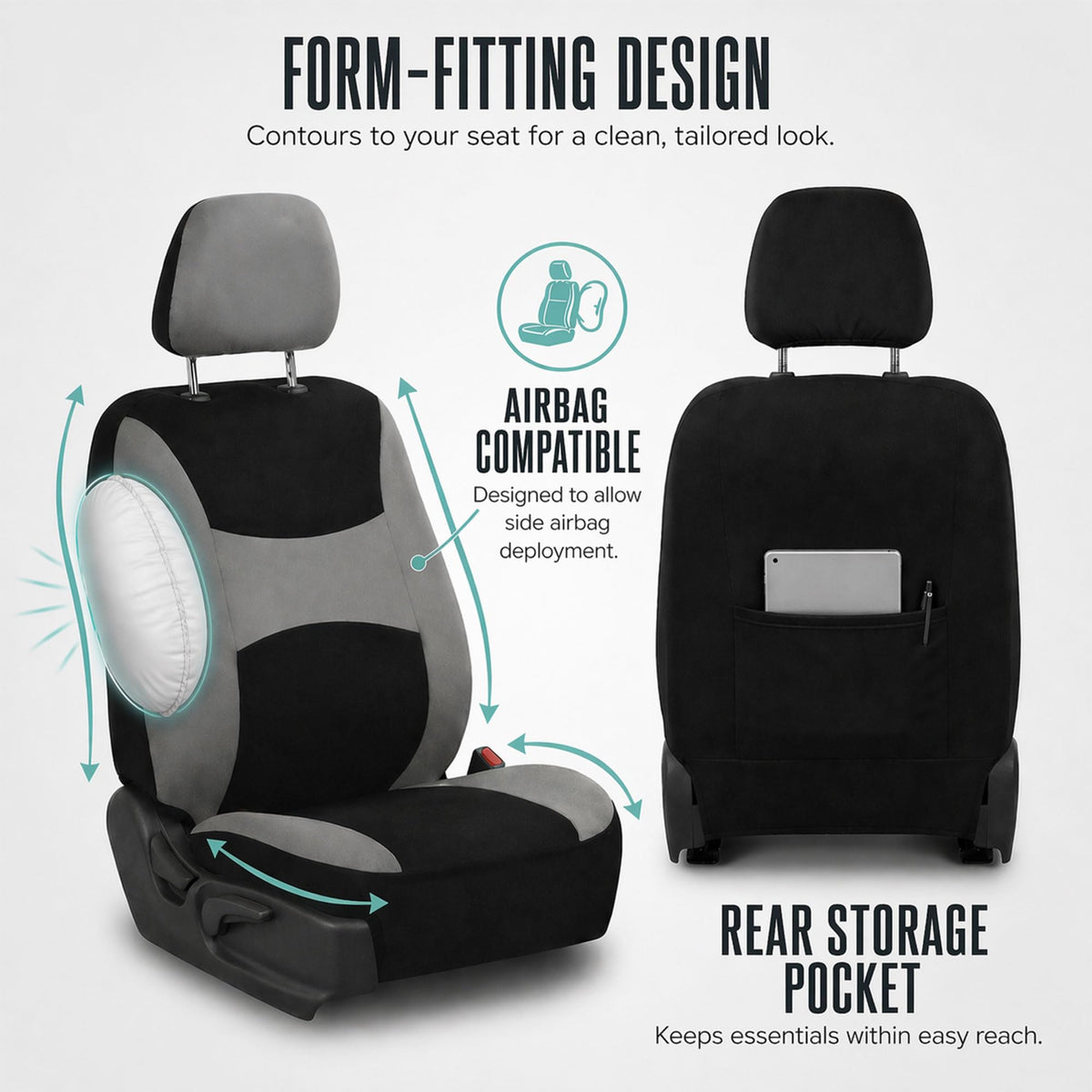 Gray Black Universal Fit Automotive Seat Covers Combo Set with Steering Wheel Cover and Seat Belt Pad Y427129