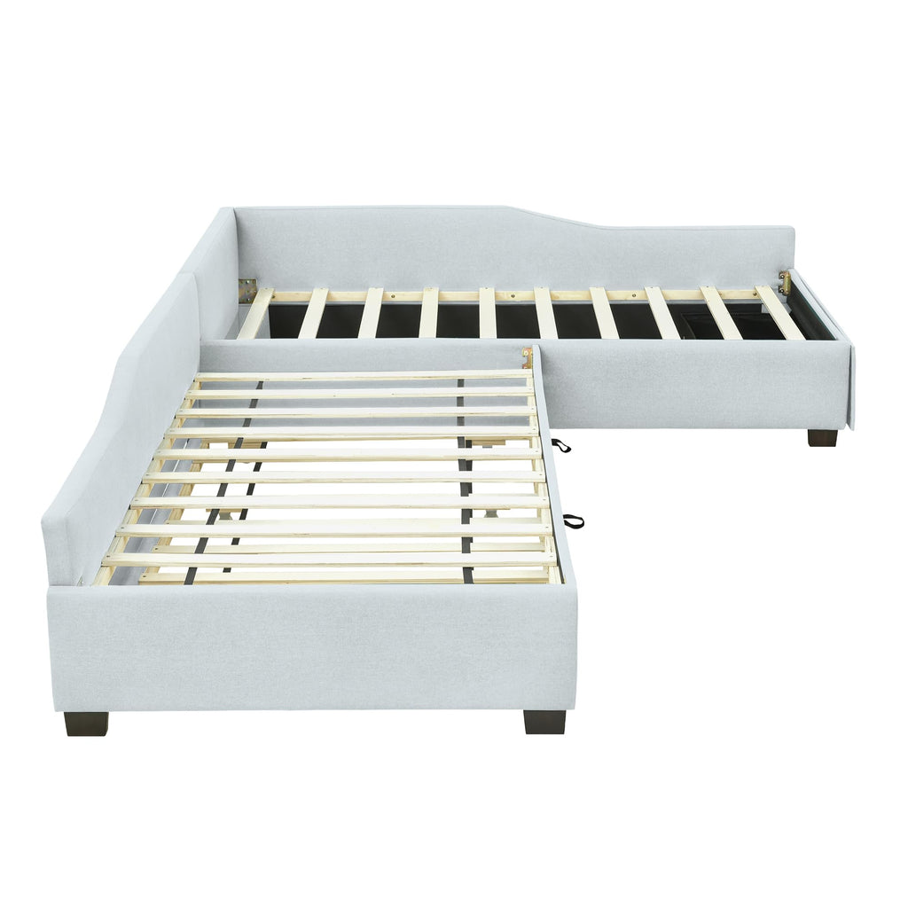 Double Twin Size L Shaped Upholstered Daybed with Trundle and Storage Drawer W2292