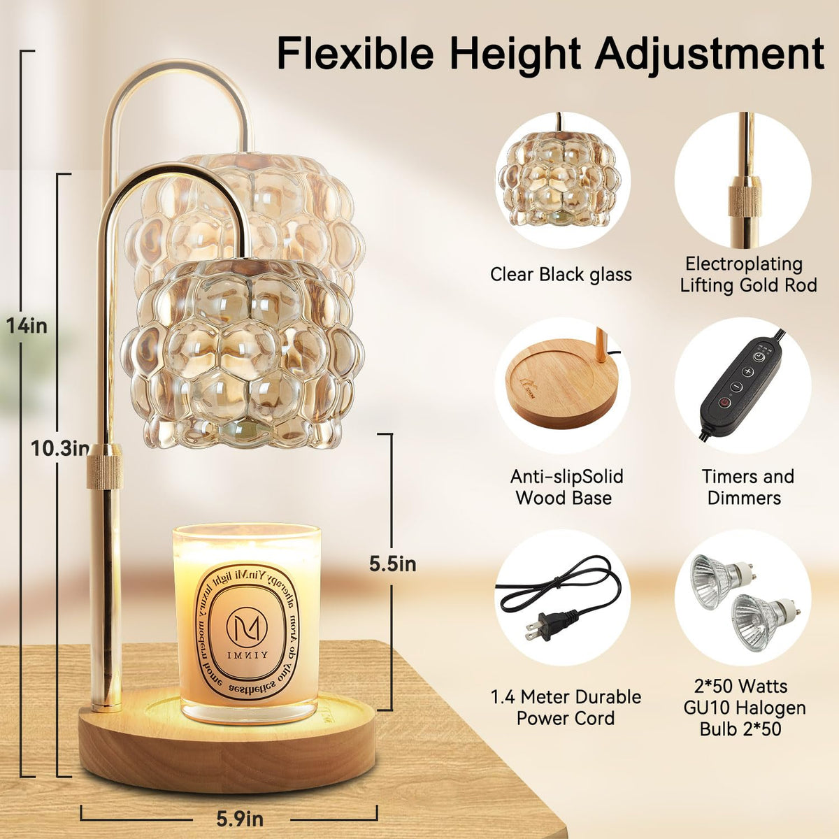 Candle Warmer Lamp with Timer Adjustable Height Dimmer Vintage Glass Y96815