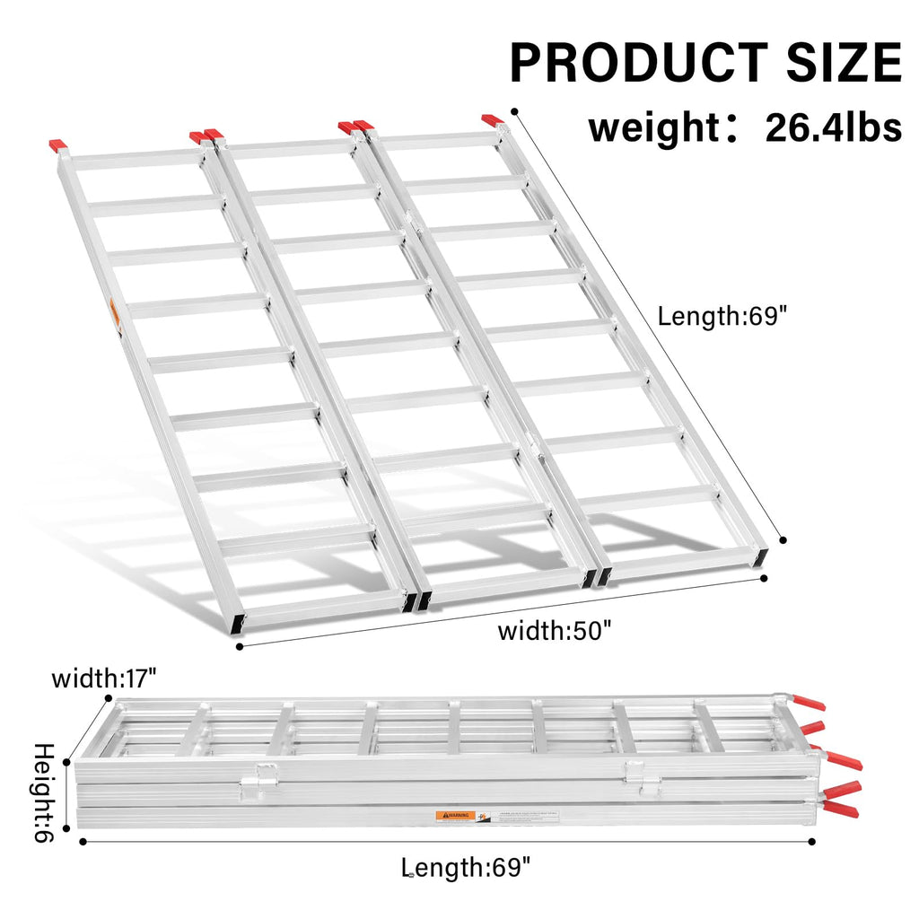 69" L x 50" W Tri-Fold Aluminum ATV Loading Ramp 1500lb Capacity Y589