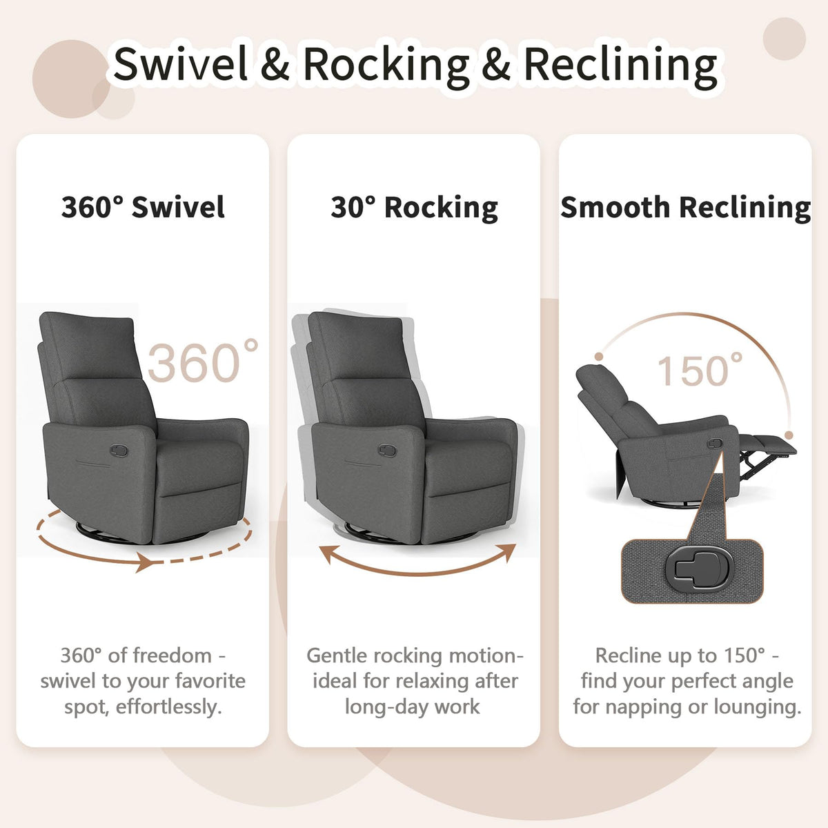 Gray Swivel Rocker Recliner Chair O2742
