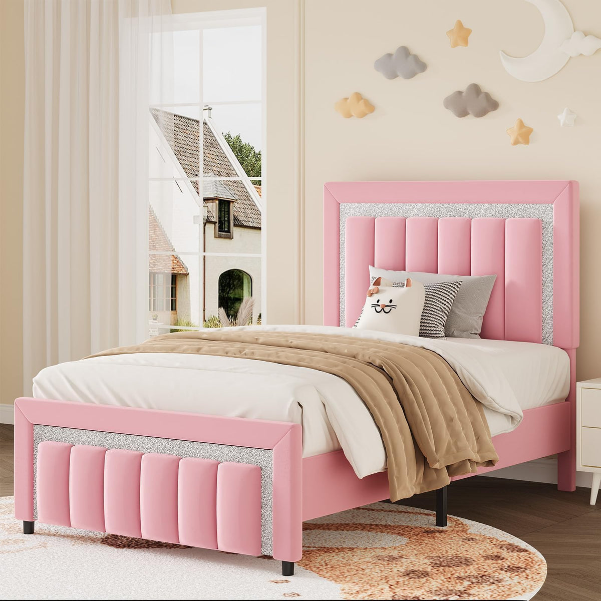 Twin Bed Frames with Upholstered Headboard, Pink A716943