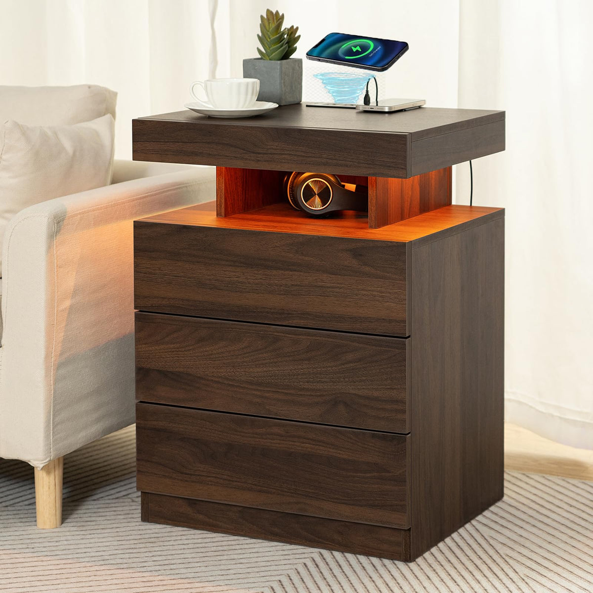 Rustic Brown 3 Drawer Nightstand with Wireless Charging Station F75264
