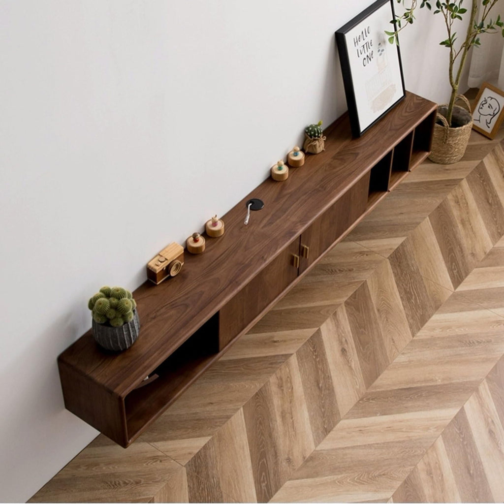 Walnut Wood Wall Mounted Floating TV Stand with Doors and Open Storage Shelves Q3984