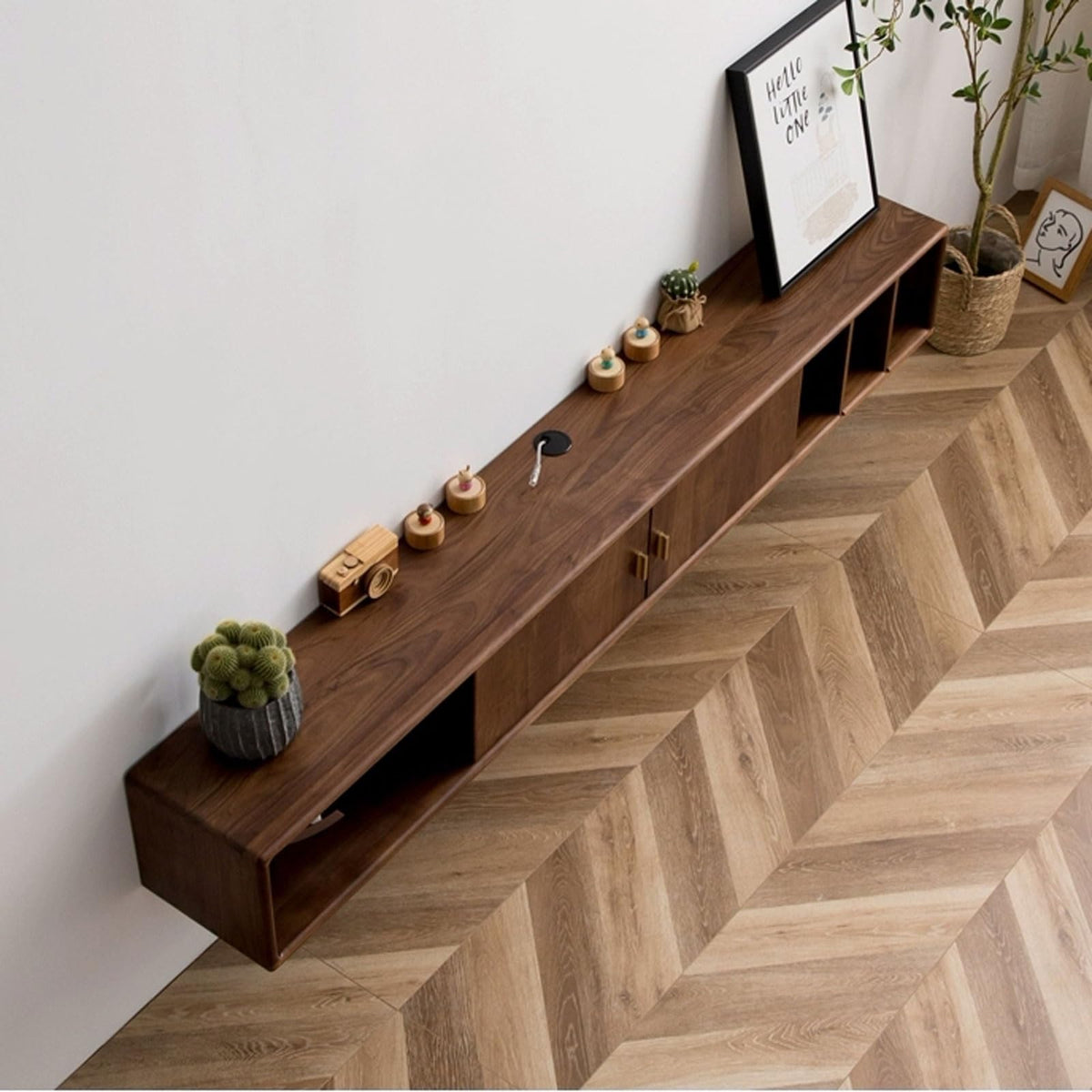 Walnut Wood Wall Mounted Floating TV Stand with Doors and Open Storage Shelves Q3984