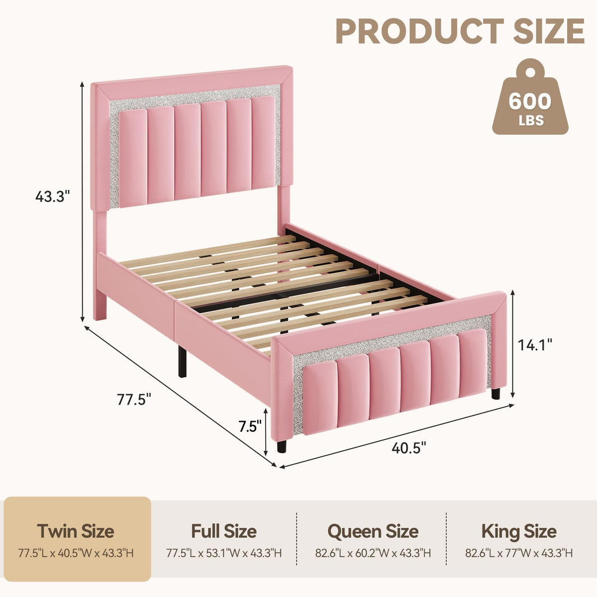 Twin Bed Frames with Upholstered Headboard, Pink A716943