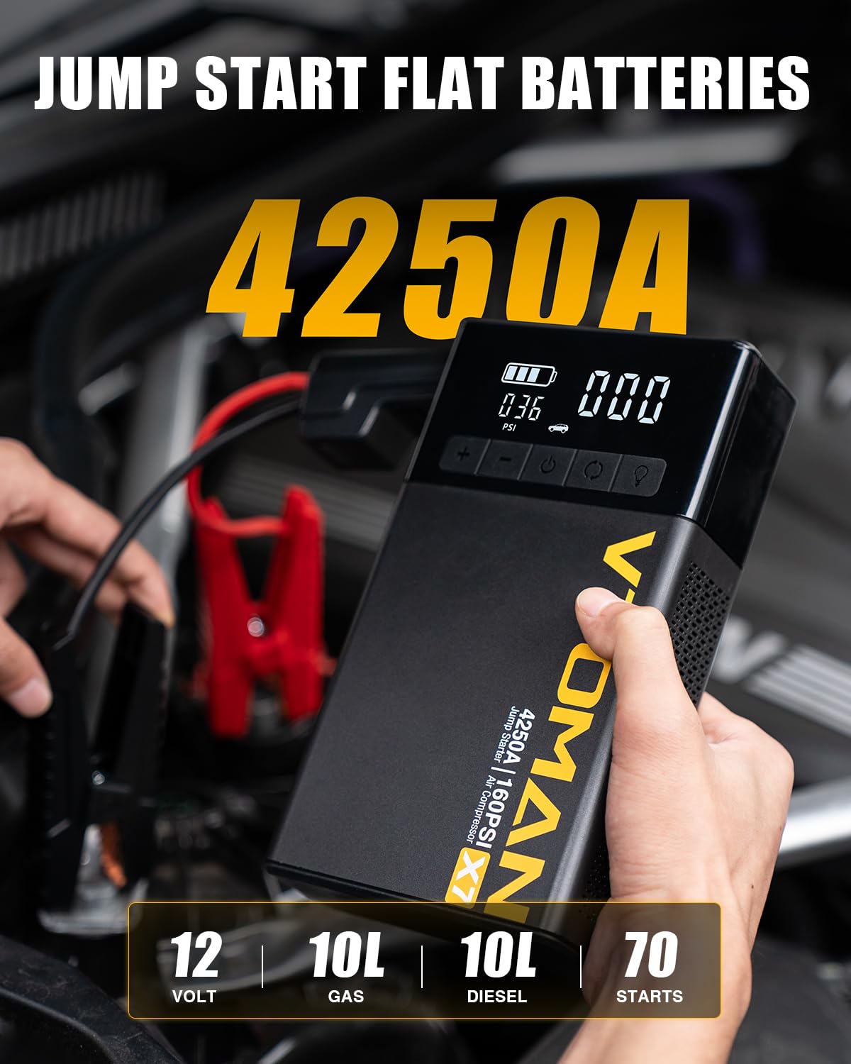 Jump Starter with Air Compressor, 160PSI Tire Inflator G637