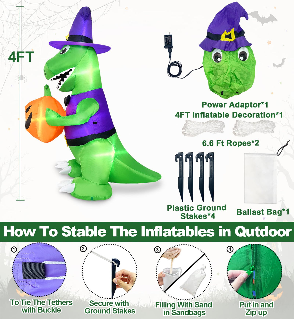 4 Ft Halloween Inflatables Witch Dinosaur A218611