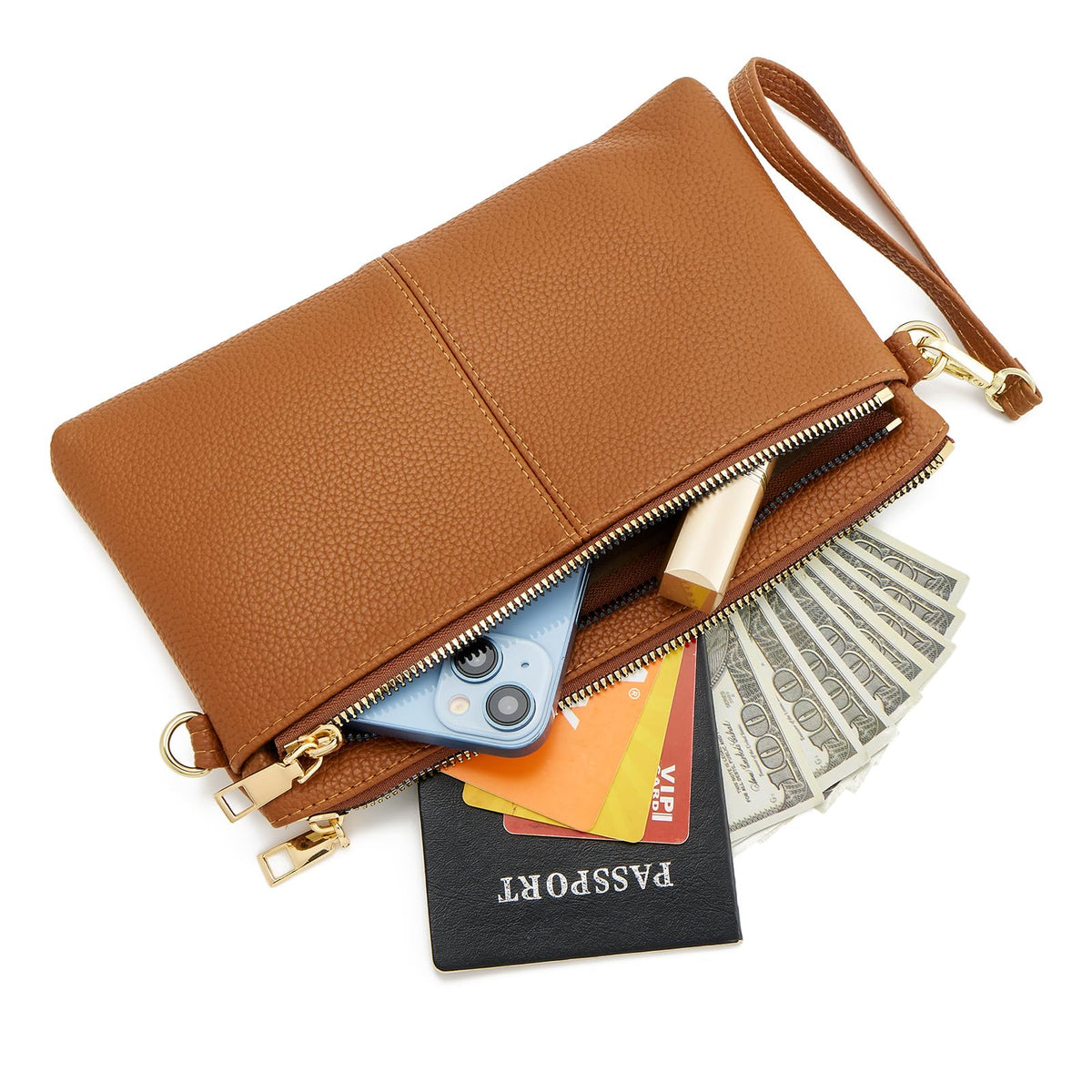 Small Triple Zip Crossbody Bag Vegan Leather Wristlet Clutch F869997