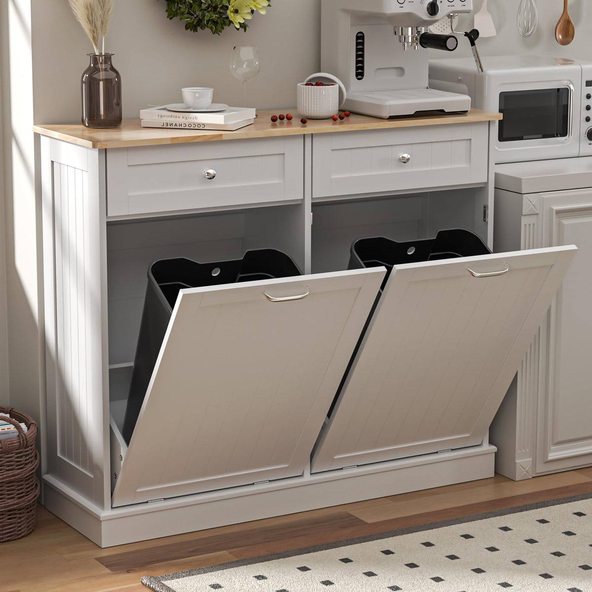 Double Tilt Out Trash Can Cabinet 2 X 13 Gallon with Storage U25559