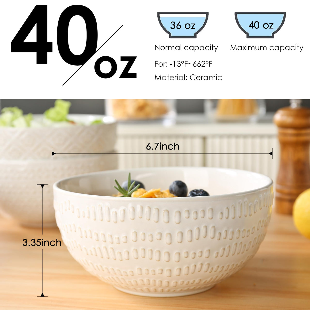 40 OZ Ceramic Bowls Set of 4, 6.7 Inch White O267590