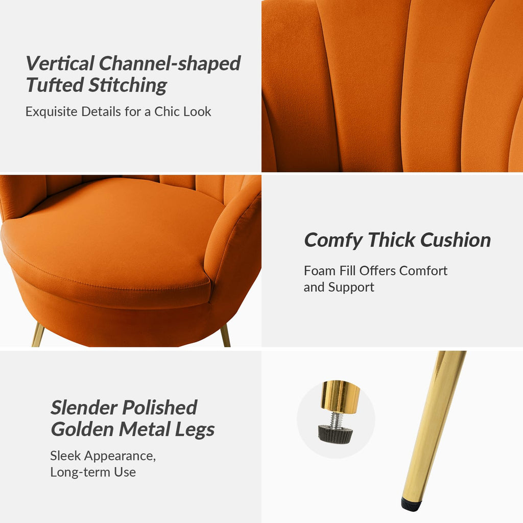 Orange Velvet Channel Tufted Accent Chair with Gold Legs X65779