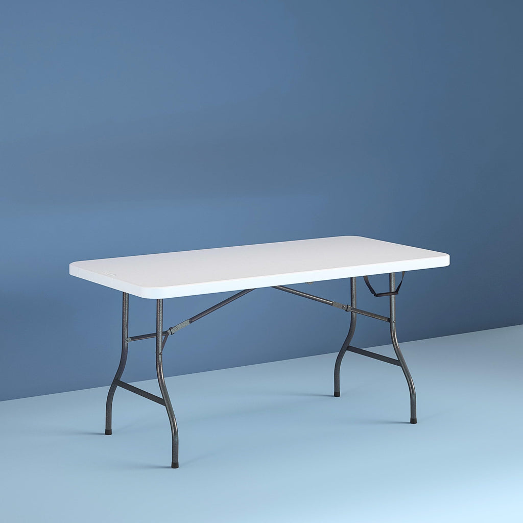 6 Foot Fold-in-Half Folding Table White Speckle HDPE Top D990