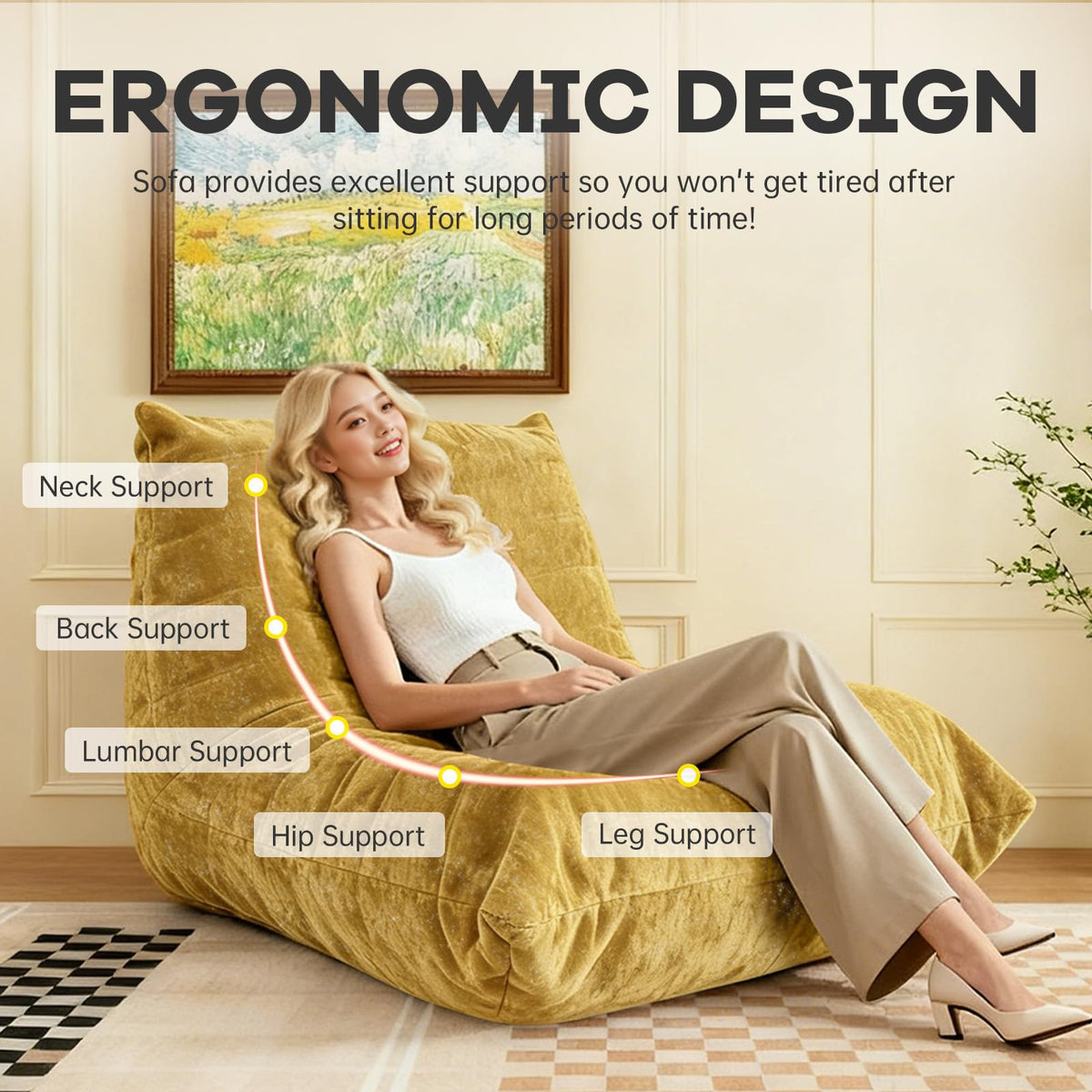 Yellow Memory Foam Bean Bag Chair L482154