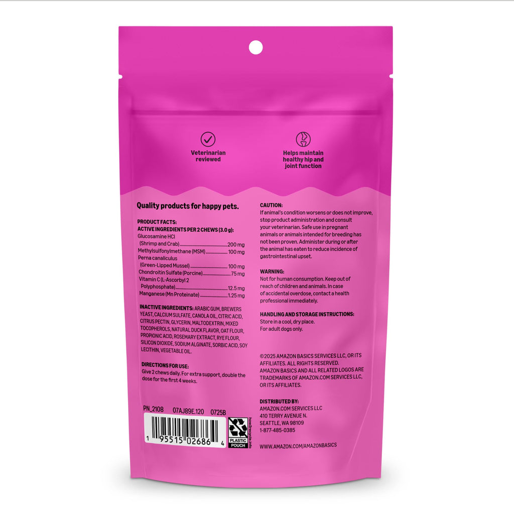 Dog Hip & Joint Supplement Chews with Glucosamine, MSM, Vitamin C, Duck Flavored, 120 Count L4923