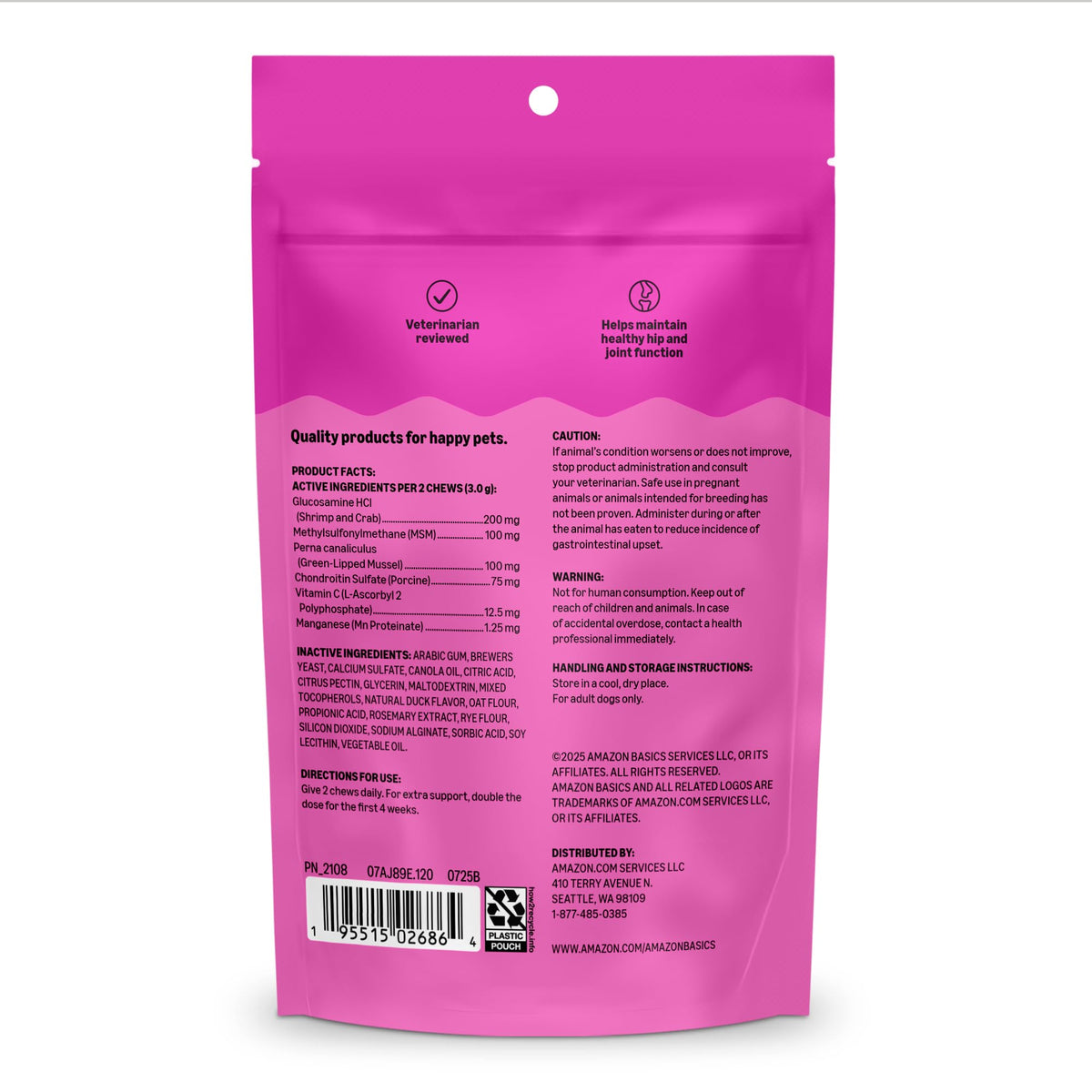 Dog Hip & Joint Supplement Chews with Glucosamine, MSM, Vitamin C, Duck Flavored, 120 Count L4923